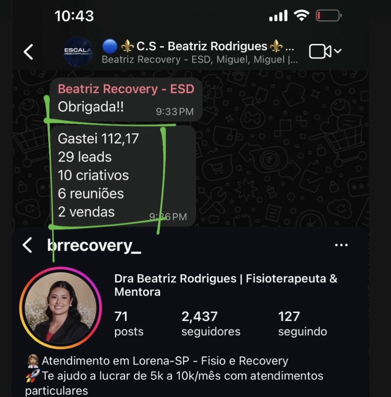 Conversa com Beatriz Rodrigues e perfil do Instagram