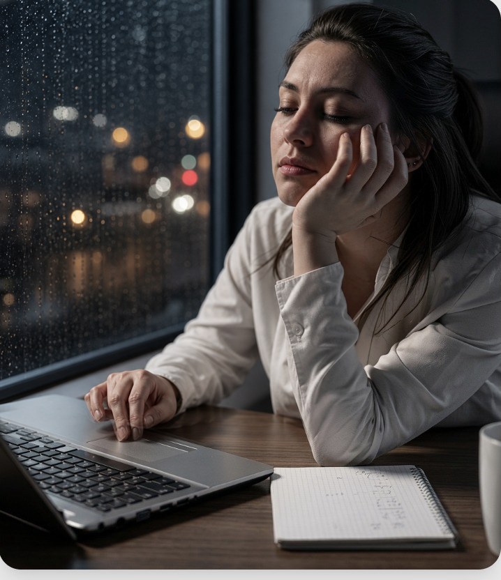 Arquiteta cansada diante do notebook, com chuva na janela